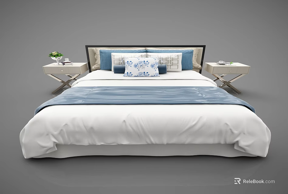 Modern Double Bed Design With White Bedding Blue Pillows And Nightstands 3d model