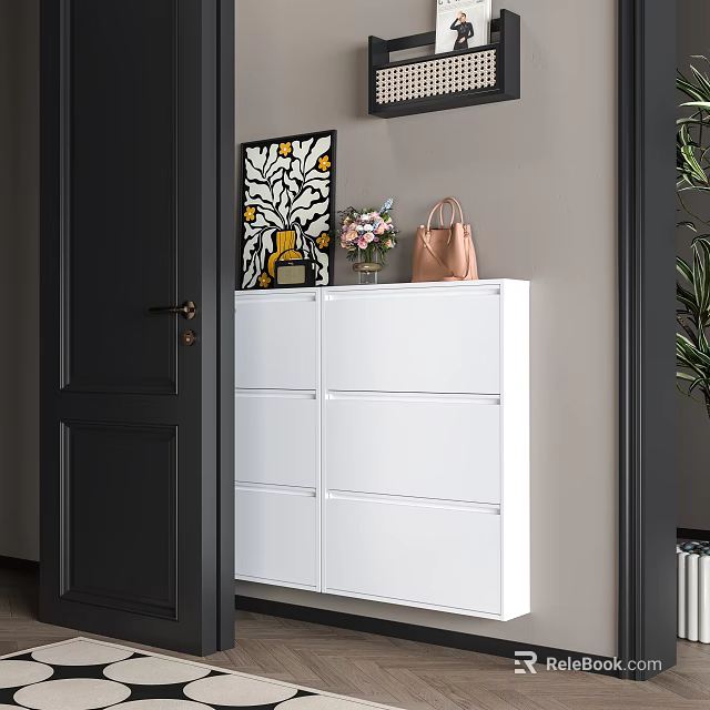 Stylish White Shoe Cabinet In Hallway With Decorative Art Vase Handbag And Plant 3d model 