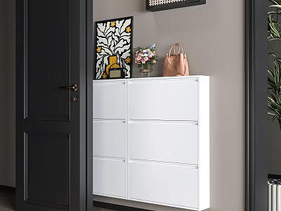 Stylish White Shoe Cabinet In Hallway With Decorative Art Vase Handbag And Plant 3d model