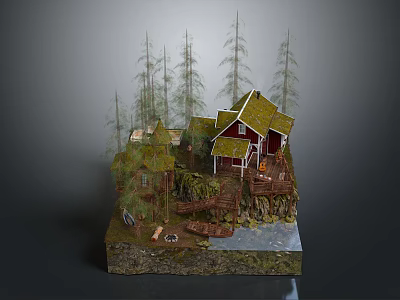 Wooden Cabin With Green Roof Surrounded By Tall Pine Trees And Small Stream 3d model