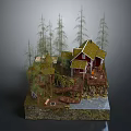 Wooden Cabin With Green Roof Surrounded By Tall Pine Trees And Small Stream