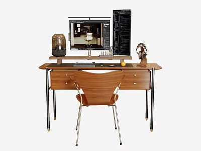 Modern Wooden Desk With Monitor Vase Lamp Drawers And Matching Chair 3d model