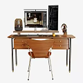 Modern Wooden Desk With Monitor Vase Lamp Drawers And Matching Chair