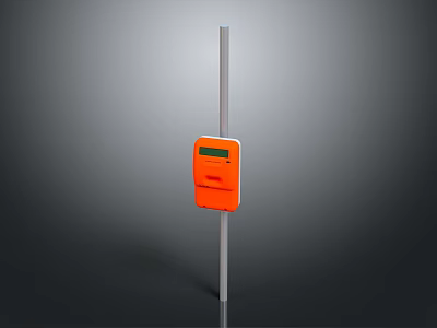 Orange Rectangular Device With Display Screen On Vertical Silver Metal Pole 3d model