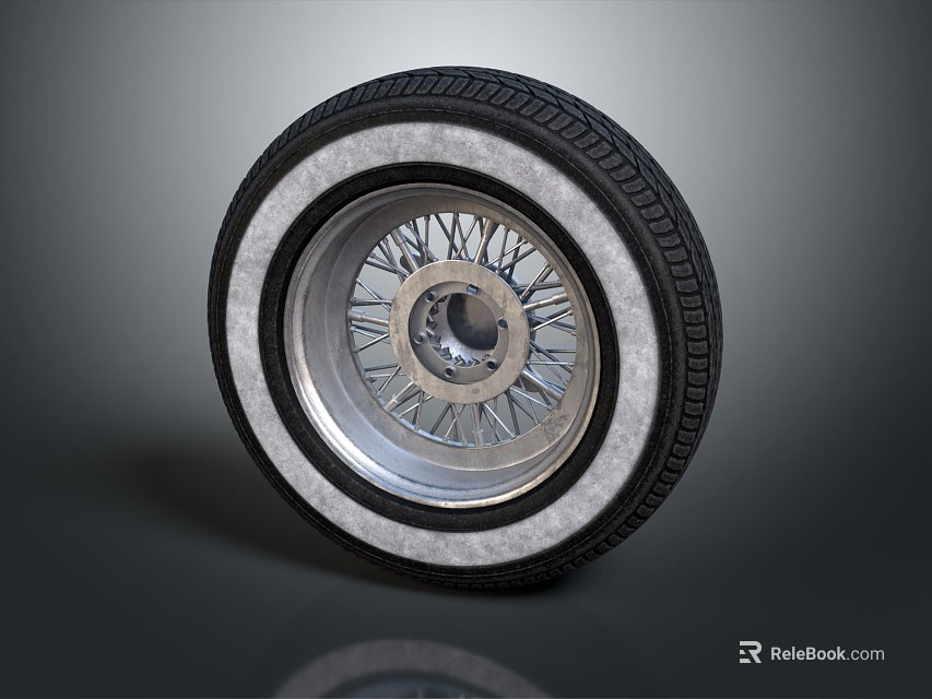 Tire With Silver Alloy Rim And Classic Spoke Design Black Tread Pattern 3d model 
