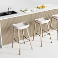 Modern Bar Counter Interior With Marble Top Sink And Three Stylish Stools 3d model