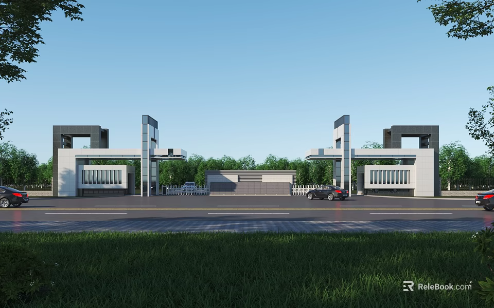 Modern Entrance Gate Design With White Gray Architecture Green Trees Road and Car View 3d model 