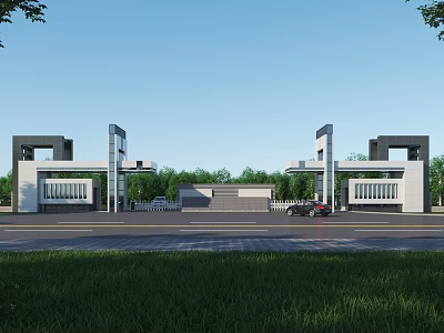 Modern Entrance Gate Design With White Gray Architecture Green Trees Road and Car View 3d model