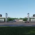 Modern Entrance Gate Design With White Gray Architecture Green Trees Road and Car View