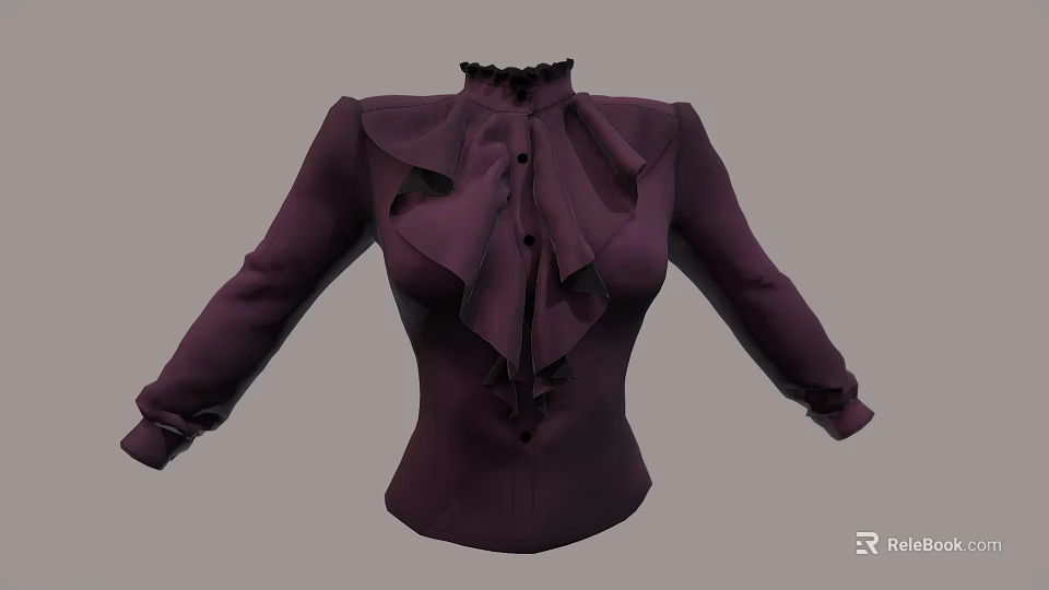 Deep Purple Ladies Blouse with Ruffled Collar Ruffle Details Fitted Waist and Long Sleeves 3d model 