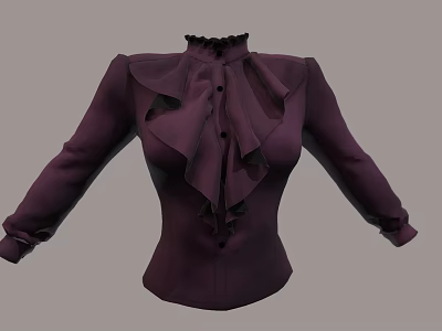 Deep Purple Ladies Blouse with Ruffled Collar Ruffle Details Fitted Waist and Long Sleeves 3d model
