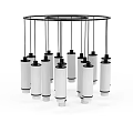 Modern Chandelier With Cylindrical White Lampshades And Black Metal Frame