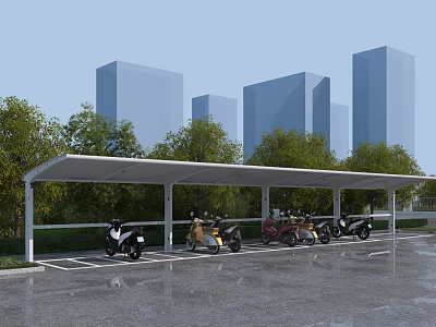 Outdoor Motorcycle Parking Shelter With Parked Bikes Trees And High Rise Buildings 3d model
