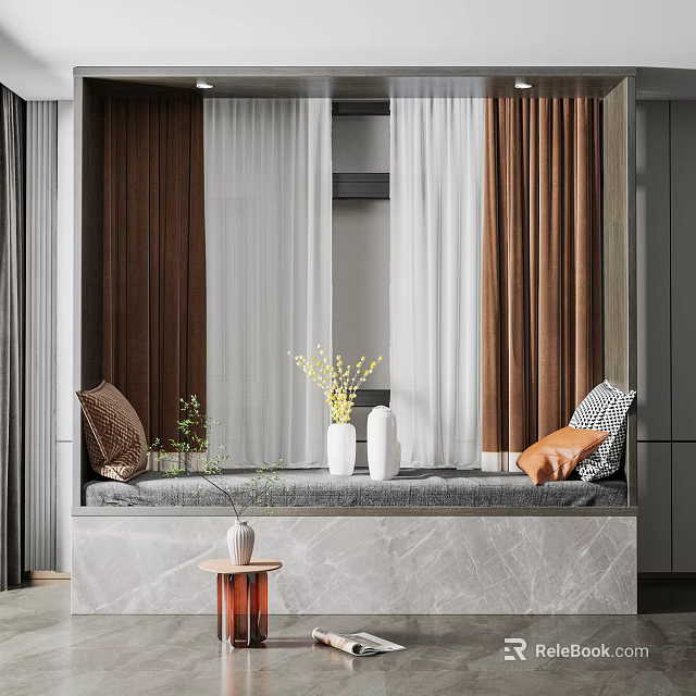 Cozy Bay Window Nook With Brown White Curtains Gray Countertop Yellow Flowers And Cushions 3d model 