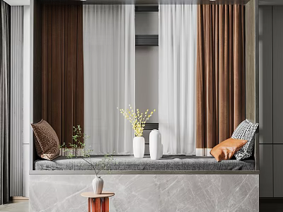 Cozy Bay Window Nook With Brown White Curtains Gray Countertop Yellow Flowers And Cushions 3d model
