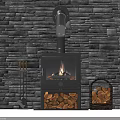 Rustic Stone Wall Fireplace with Burning Flames Firewood Stack and Tools Setup 3d model