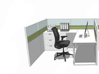 Modern Office Cubicle Desk With Black Chair Computer Monitor Binders And Filing Cabinet 3d model