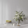 Decorative Ornament Set With White Flowers Green Leaves Glass Vase Fruit Bowl Books Coffee Cup