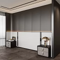 Modern Background Wall Design With Gray White Panel Nightstands And Ambient Lighting 3d model