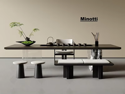 Modern Minotti Tea Table And Chairs With Tea Sets Potted Plant And Stools 3d model