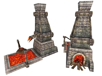 Vintage Stone Fireplaces Featuring Arched Opening Square Fire Pit Burning Flames Wood Logs 3d model