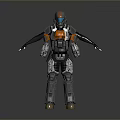 Game And Movie Character In Gray Orange Blue Armored Suit With Helmet And Mechanical Parts