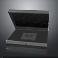 Opened Shiny Metallic Box Containing Square Item on Dark Background