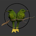 Decorative Ornament Set With Green Birds On Branch And Black Circular Frame Yellow Feet