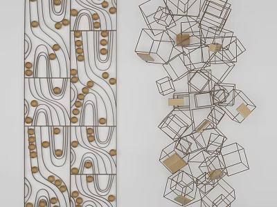 Modern Abstract Wall Decor with Curved Lines Circles and Geometric Cube Frames 3d model