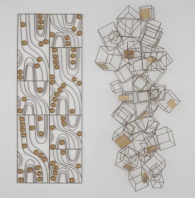 Modern Abstract Wall Decor with Curved Lines Circles and Geometric Cube Frames 3d model