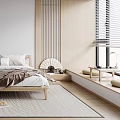 Modern Minimalist Bedroom Interior With Wooden Bed White Walls Pendant Light And Area Rug