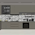 Modern Kitchen With Grey Cabinets Marble Backsplash Open Shelves Fruits On Windowsill And Appliances