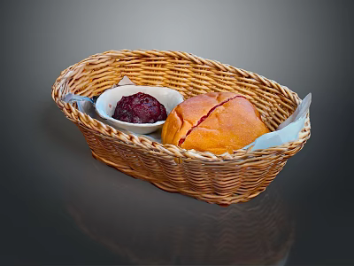 Wicker Basket With Fresh Baked Bread And Red Jam On Black Surface 3d model