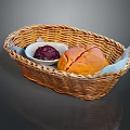 Wicker Basket With Fresh Baked Bread And Red Jam On Black Surface 3d model
