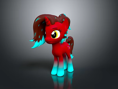 Red Unicorn Pony Character With Brown Teal Mane Yellow Eyes And Teal Hooves 3d model