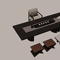 Modern Minimalist Tea Table and Chairs with Wooden Top Upholstered Seats and Tea Set