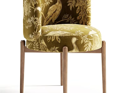 Elegant Single Chair with Green Bird Leaf Pattern Fabric and Walnut Wooden Legs 3d model
