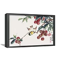 Traditional Botanical Paintings With Red Flowers Black Leaves Lychee Fruits And Little Bird Decor