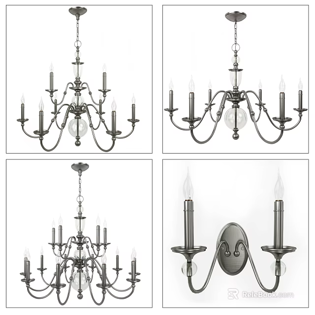 Elegant Classic Lighting Combinations Featuring Chandeliers Wall Sconces And Metal Candle Arms 3d model 