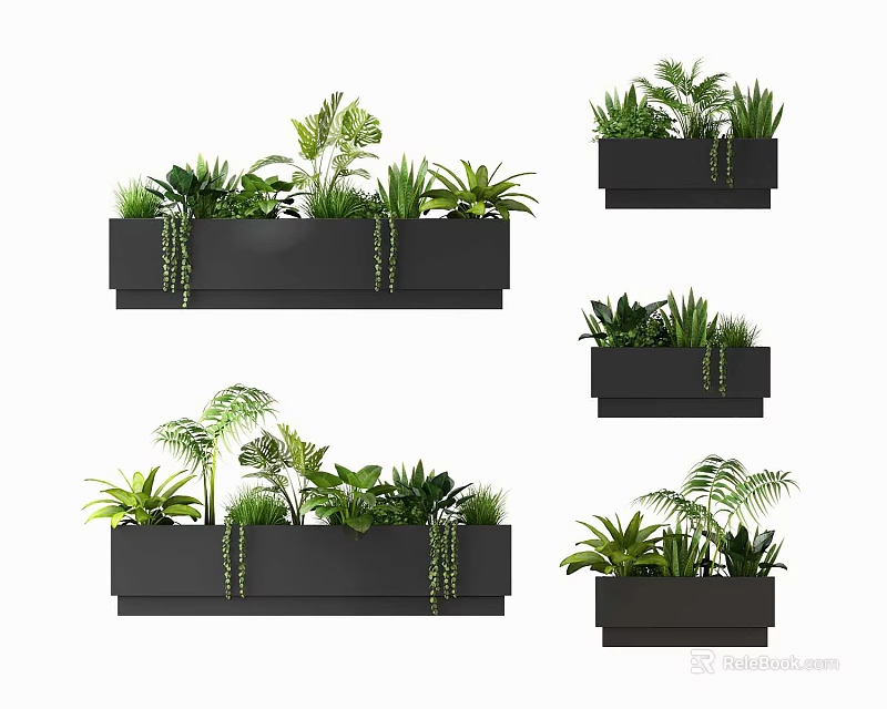 Wall Mounted Bonsai Potted Plants With Black Planters And Various Green Foliage 3d model 