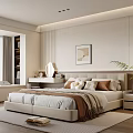 Modern Bedroom Interior With Large Bed Soft Pillows Throw Blanket Wall Art And Hanging Lights