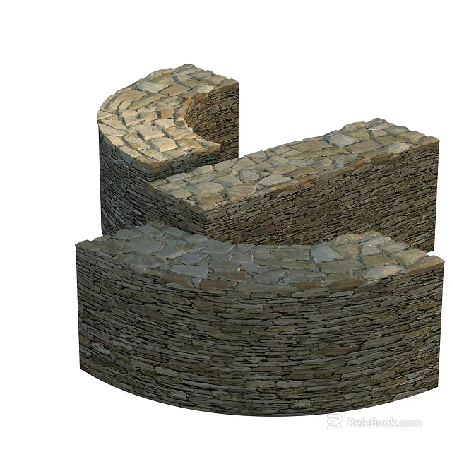 Curved Building Exterior Wall With Natural Stone Layered Texture And Design Elements 3d model