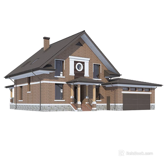 Brick Detached Villa With Dark Roof Chimney Front Porch Columns And Garage 3d model 