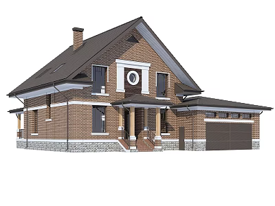 Brick Detached Villa With Dark Roof Chimney Front Porch Columns And Garage 3d model