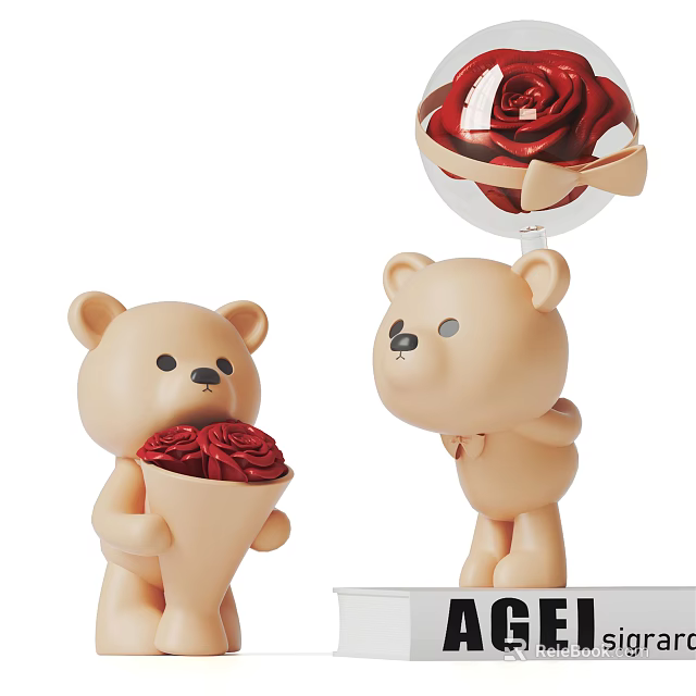 Cute Bear Decorative Figurine Set With Rose Bouquet And Glass Ball Rose Ornament 3d model 