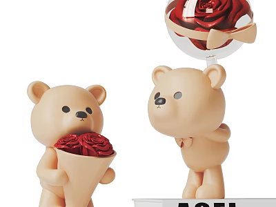 Cute Bear Decorative Figurine Set With Rose Bouquet And Glass Ball Rose Ornament 3d model