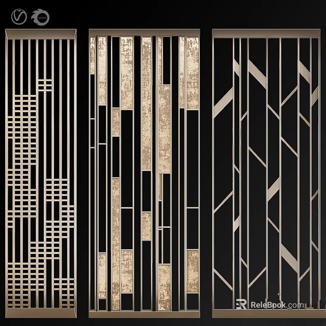 Modern Decorative Wall Panel With Black Gold Geometric Patterns And Vertical Lines 3d model 