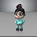 Cartoon Girl Character with Black Hair Bun Pink Bow Teal Hoodie and Striped Pants