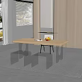 Modern Wooden Dining Table Set with Transparent Glass Stools and Fruits near Wooden Wall Fireplace