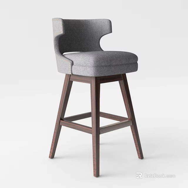 Modern Upholstered Bar Stool With Curved Backrest And Solid Wooden Legs Design 3d model